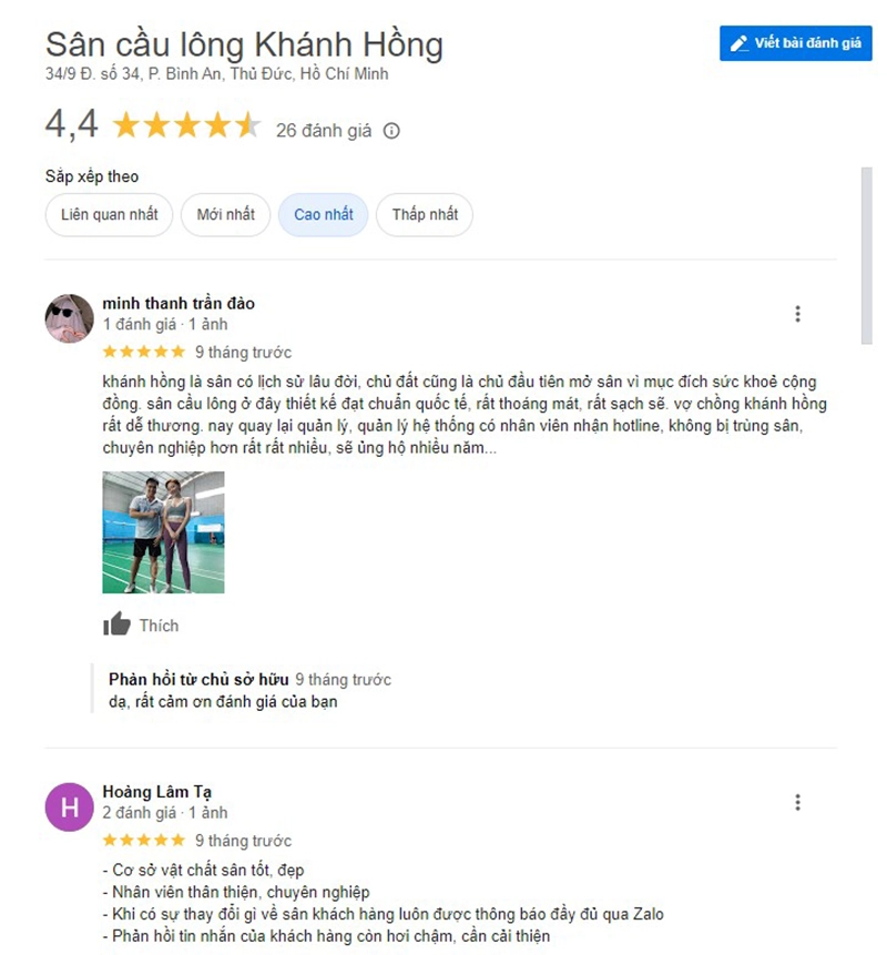 Đánh giá sân cầu lông Khánh Hồng