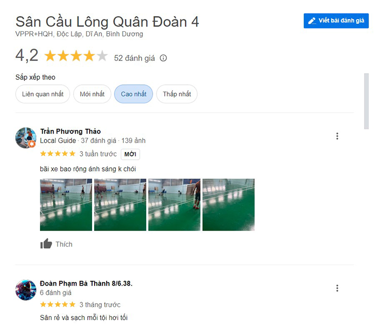 Sân cầu lông quân đoàn 4 được đánh giá 4.2/5 sao (52 đánh giá)