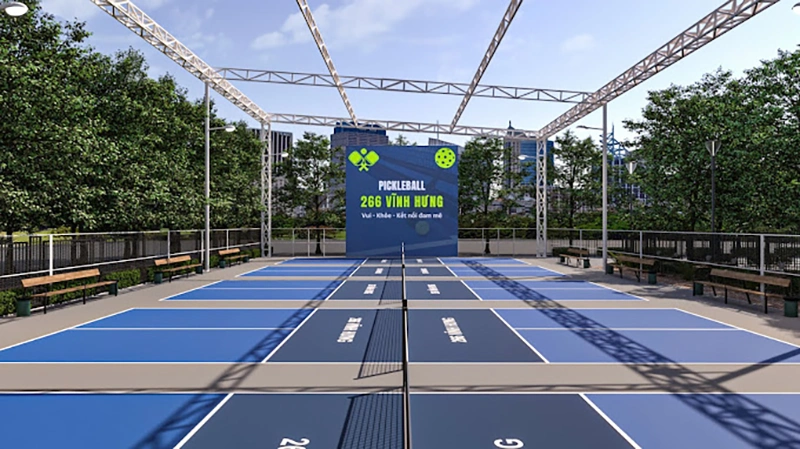 Sân Pickleball 266 Vĩnh Hưng được thiết kế với kích thước tiêu chuẩn, đường biên rõ ràng, sắc nét