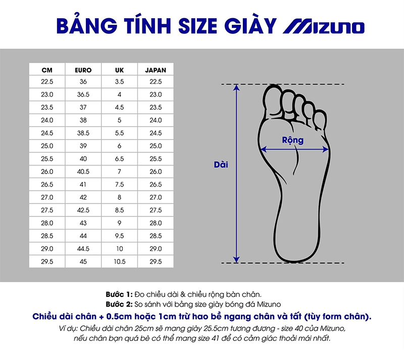 Bảng size giày cầu lông Mizuno