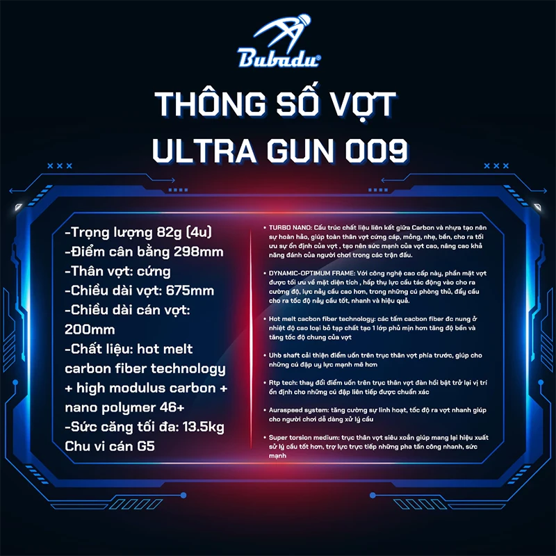 Thông số vợt Bubadu Ultra Gun 009